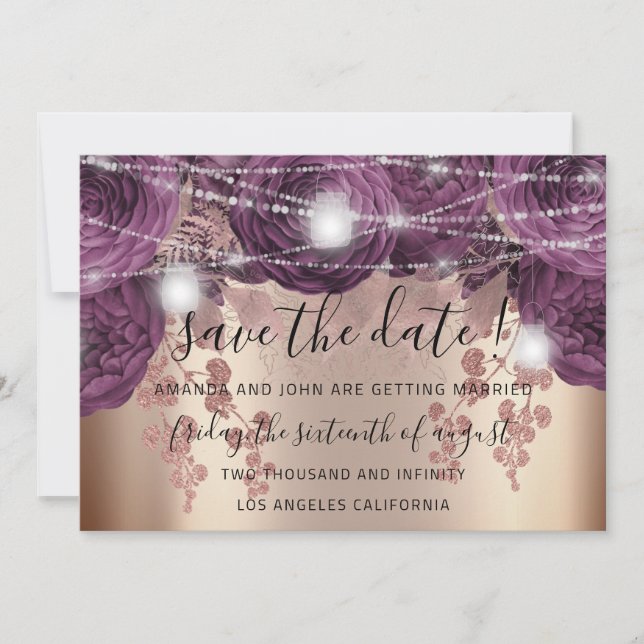 Save The Date Enregistrer La Date Gold Floral Purple Roses Lumiè (Devant)