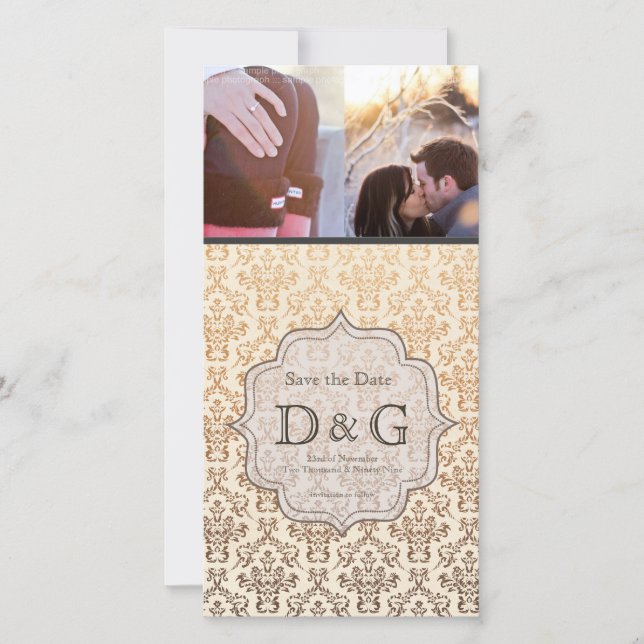 Save The Date Enregistrer la date Gold Vanilla Damask Fillagreem (Devant)