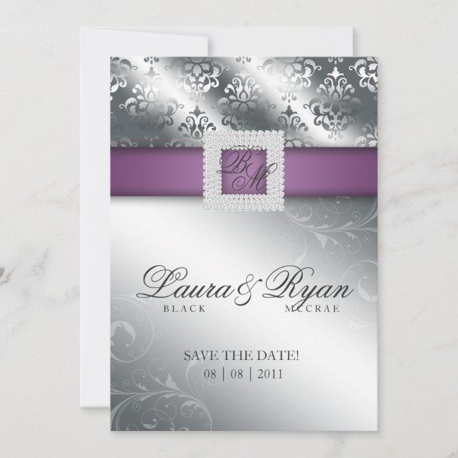 Save The Date Enregistrer la date Mariage Damask Jewel Purple Si (Devant)