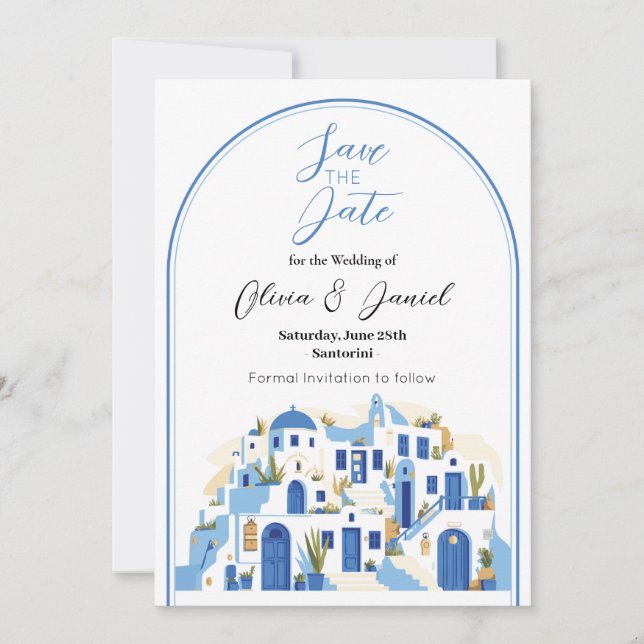 Save The Date Enregistrer la date mariage Santorin Grèce Bleu Bl (Devant)