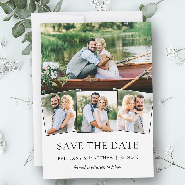 Save The Date Enregistrer La Date Modern Minimalist 4 Photo (Customize to change text size, style or to add more text & photos to back of card.)