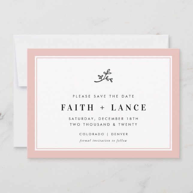 Save The Date ENREGISTRER LA DATE moderne sprig mignon bord rose (Devant)