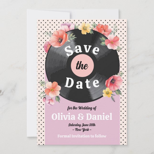 Save The Date Enregistrer la date musique disque mariage floral  (Devant)