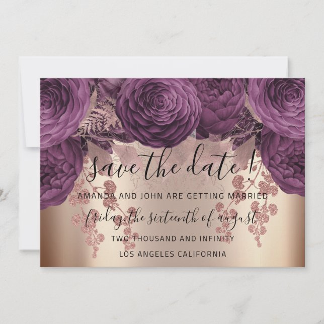 Save The Date Enregistrer La Date Or Floral Roses Automne Purple (Devant)