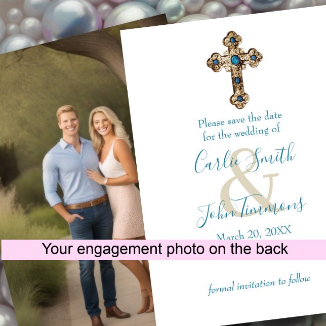 Save The Date Enregistrer la date Ornate Bijoux Croix d'or bleu  (Créateur téléchargé)