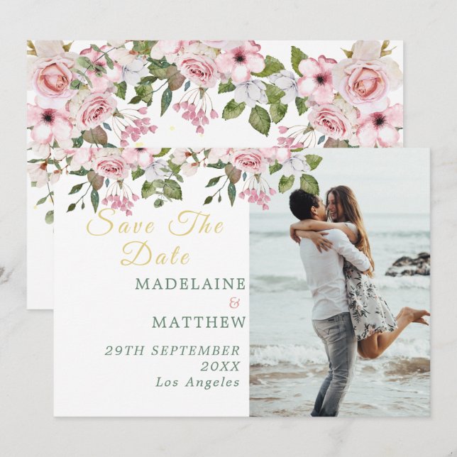 Save The Date Enregistrer La Date Photo Gold Floral Élégant Mari (Devant / Derrière)