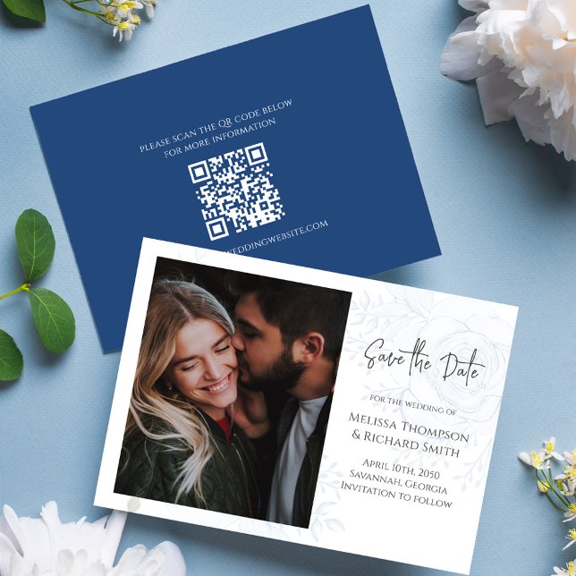 Save The Date Enregistrer la date Photo Mariage Floral bleu (Floral blue elegant Photo save the date card with QR code. )