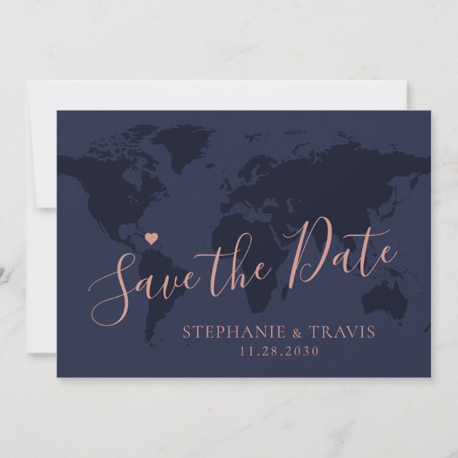 Save The Date Enregistrer la date Rose Gold Blue World Map Desti (Devant)