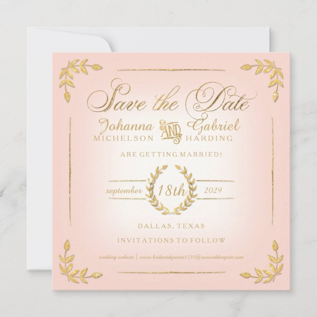 Save The Date Enregistrer la date, rose n Gold Laurel Leaf Typog (Devant)