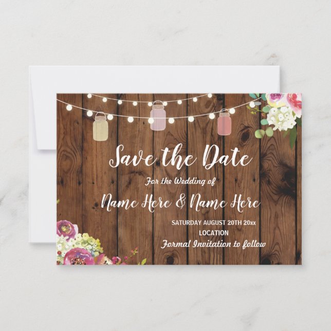 Save The Date Enregistrer La Date Rustic Jar Lights Wood Floral  (Devant)