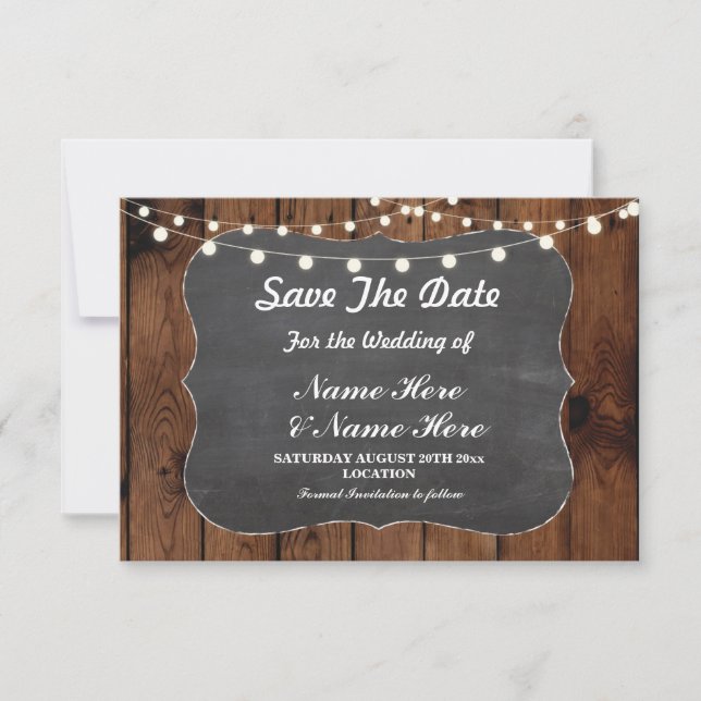 Save The Date Enregistrer La Date Rustic Lights Chalk Wood Éléga (Devant)