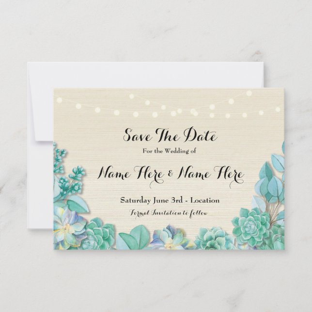 Save The Date Enregistrer la date Rustic Succulents Mint Lights  (Devant)