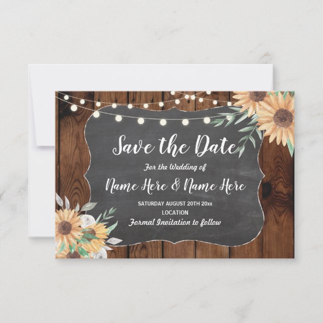 Save The Date Enregistrer La Date Rustic Wood Sunflower Lumières (Devant)