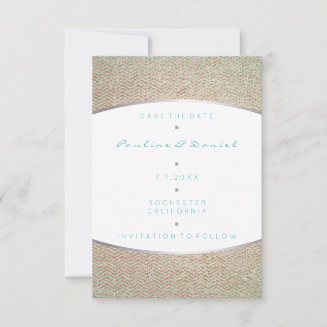 Save The Date Enregistrer La Date Tiffany Ocean Aqua Silver Rose (Devant)