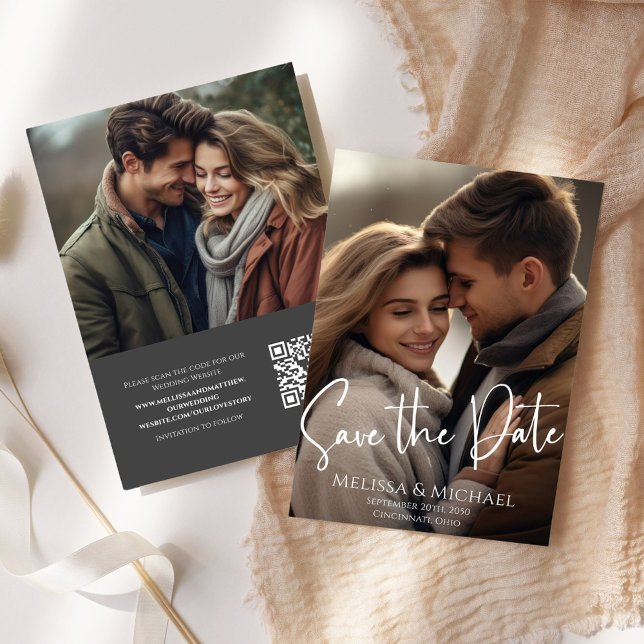 Save The Date Enregistrer la photo Date Simple Calligraphie Scri (Wedding save the date photo card with QR code and a two photo template. )