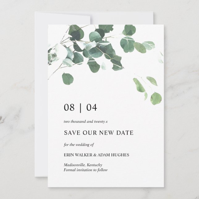 Save The Date Enregistrer notre nouvelle date Eucalyptus Feuille (Devant)