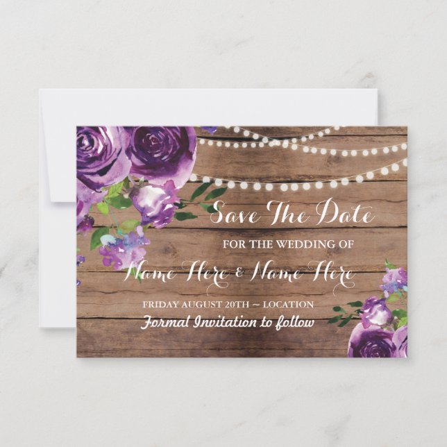 Save The Date Enregistrez la Date Rustique Bois Fleurs Violettes (Devant)