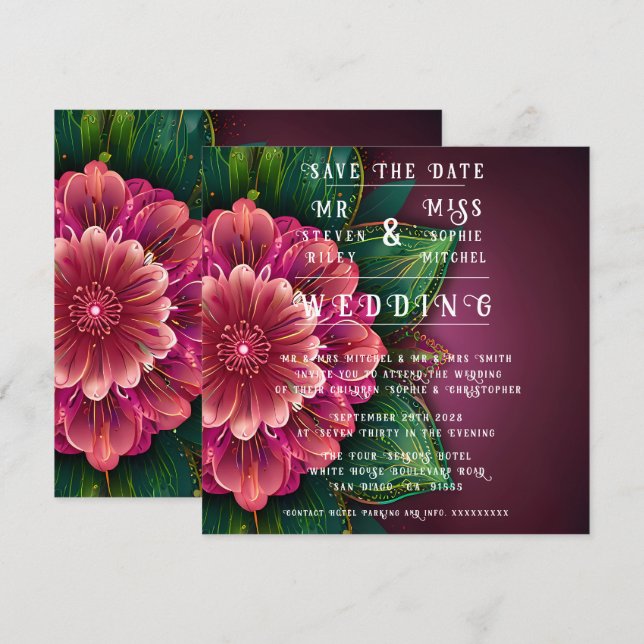 Save The Date Ensemble Élégant d'Invitation de Mariage Floral (Devant / Derrière)