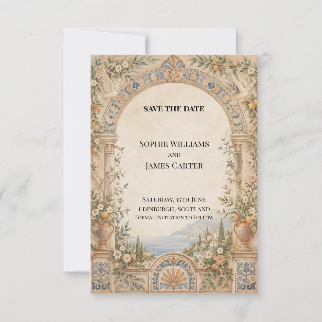 Save The Date Épargne Date Mariage Botanique Orné Bleu Or (Devant)