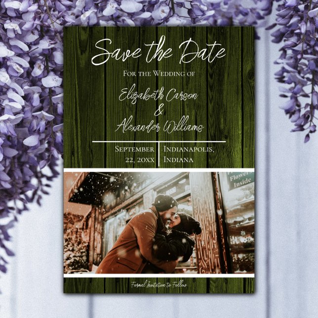 Save The Date Épargne de date de photo rustique verte (Green Rustic Photo Save the Date)