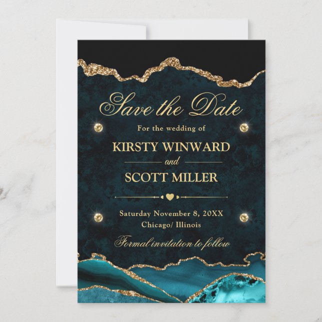 Save The Date Épargne Teal et Or Paillettes Marbre Agate (Devant)