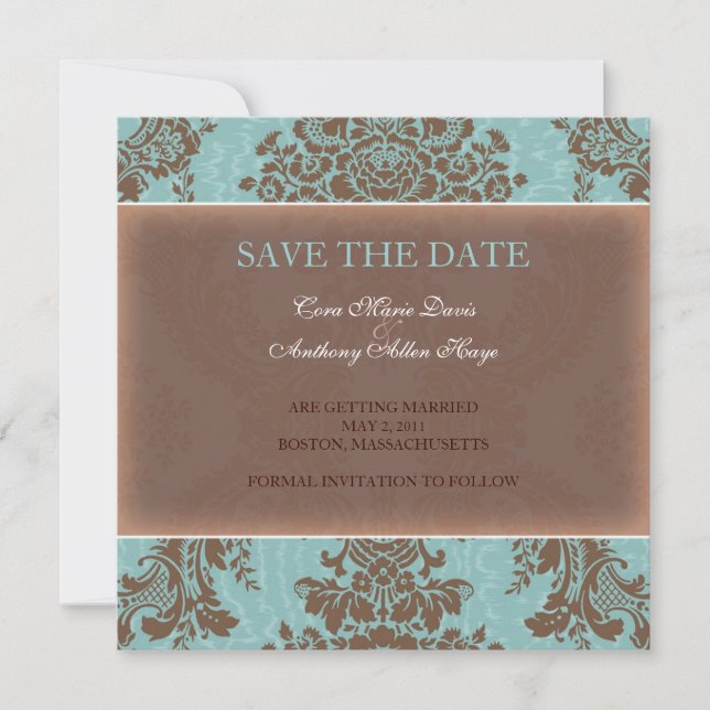 Save The Date Épargnez la date élégant damas bleu (Devant)