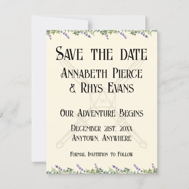 Save The Date Épée florale bleue et mariage inspiré du JDR D20 (Devant)