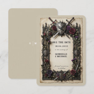 Save The Date Épées de chevalier médiéval vintage à blason flora