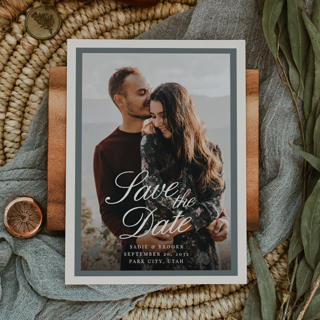 Save The Date Épicéa Fumé | Mariage Photo Classique Script (Créateur téléchargé)