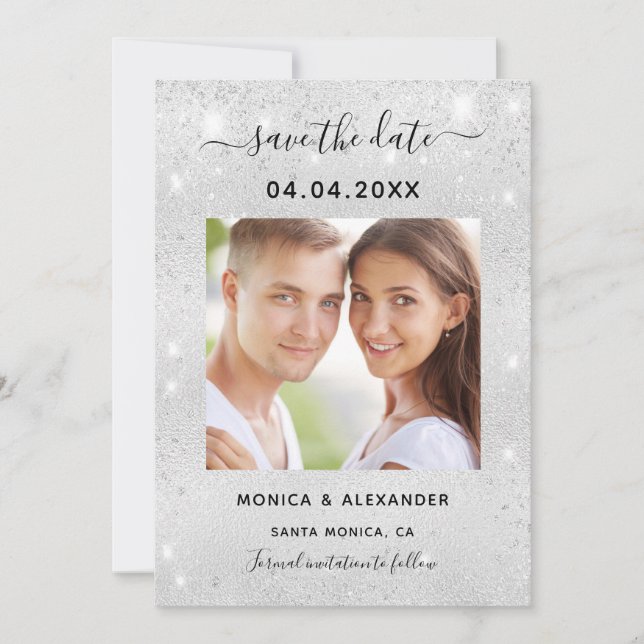 Save The Date Épingle photo de mariage argentée pour annoncer la (Devant)