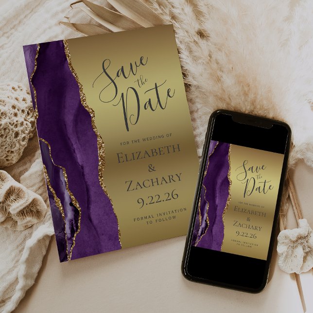 Save The Date Épinglez la date Moderne Violet Or Agate Glam (Créateur téléchargé)