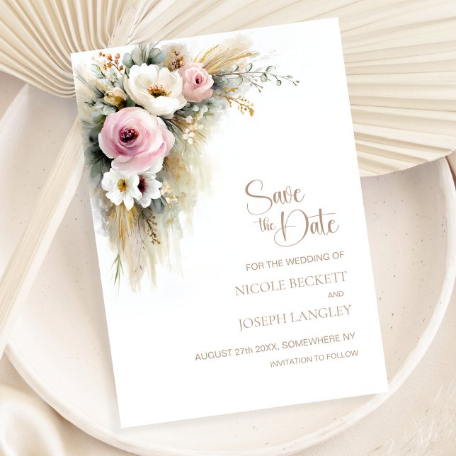 Save The Date Épousailles Florales Rose et Blanc Rustique Enregi (Créateur téléchargé)