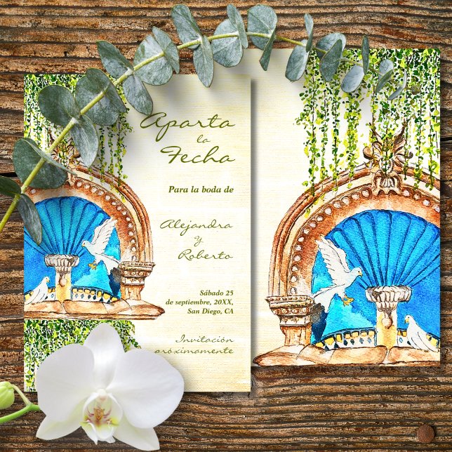 Save The Date Espagnol, aquarelle originale Vieux Mexique Fontai (Créateur téléchargé)