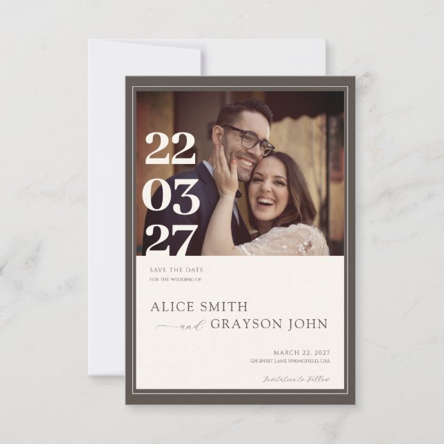 Save The Date Espresso Beige Classic Minimalist Photo Wedding (Devant)
