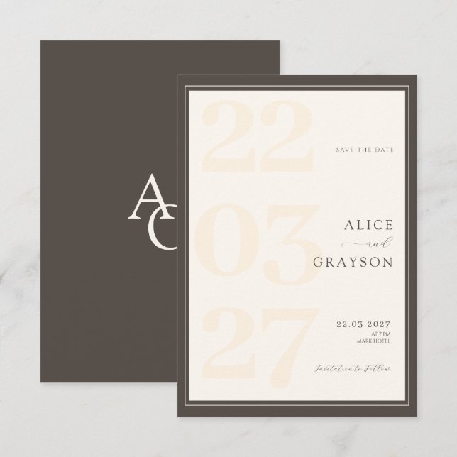 Save The Date Espresso Beige Classic Modern Minimalist Wedding  (Devant / Derrière)