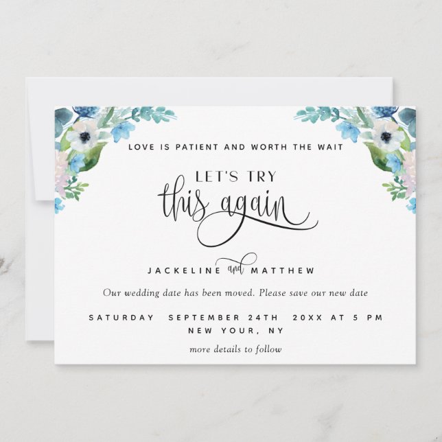 Save The Date Essayons de nouveau, Floral blanc et bleu (Devant)
