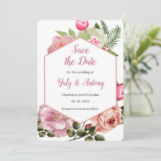 Save The Date Esthétique botanique moderne rose hexagonale 