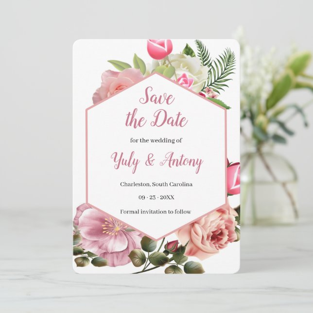 Save The Date Esthétique botanique moderne rose hexagonale  (Debout devant)