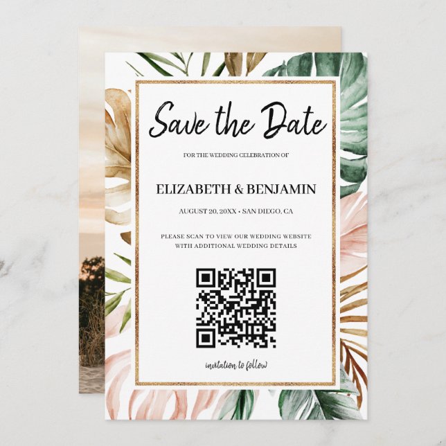Save The Date Été Feuilles Tropicales Code QR Photo Enregistrer  (Devant / Derrière)