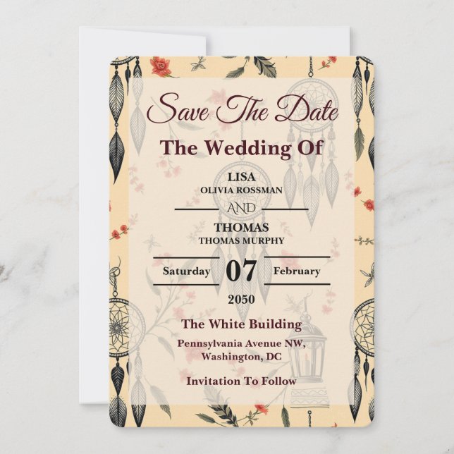 Save The Date Ethereal Boho Feather Wildflower Wedding Motif (Devant)