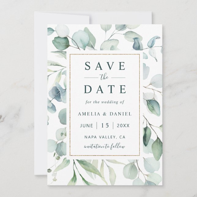 Save The Date Ethereal Eucalyptus Gold Mariage (Devant)