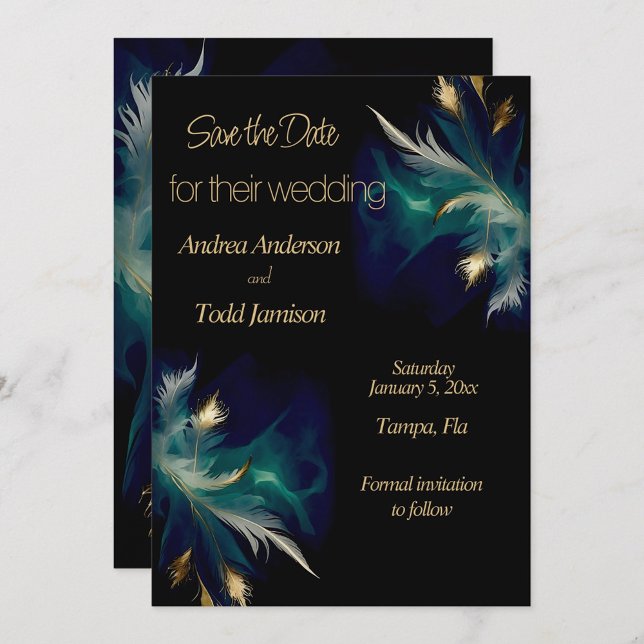 Save The Date Ethereal turquoise bleu noir plumes or mariage (Créateur téléchargé)