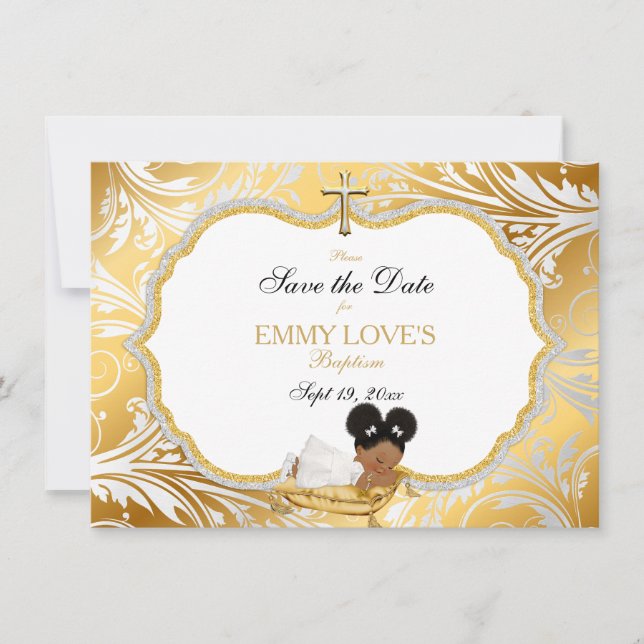 Save The Date Ethnic Baby Girl Baptism Enregistrer Date Gold Cro (Devant)
