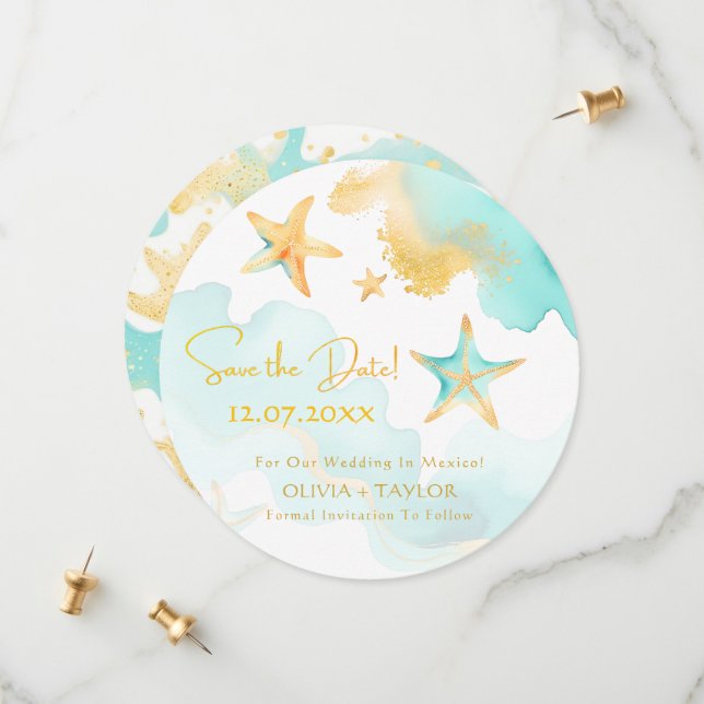 Save The Date Étoile de mer aquatique Mariage nautique de plage  (Devant/Arrière en situation)