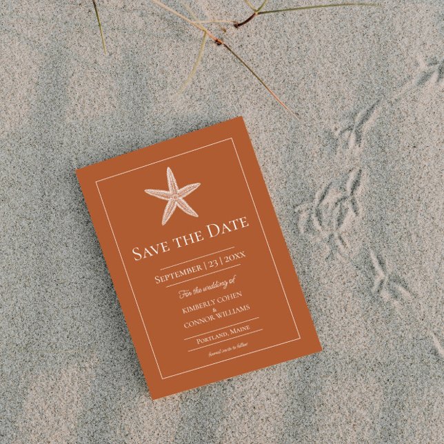 Save The Date Étoile de mer en monogramme photo orange brûlé (Burnt Orange Starfish Monogram Photo Save the Date)