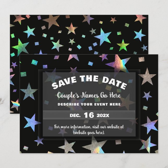 Save The Date Étoiles arc-en-ciel holographiques pour mariage et (Devant / Derrière)