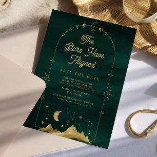 Save The Date Étoiles Célestes Émeraude Or Croissant de Lune Mar