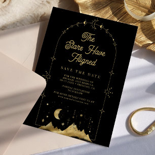 Save The Date Étoiles célestes Mariage Lune Croissant Or Noir