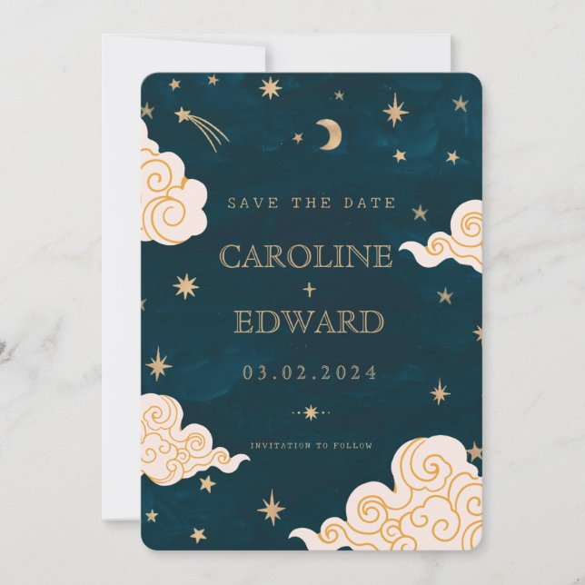Save The Date Étoiles D'or Lune Céleste Code Qr Sauvegarder la D (Devant)