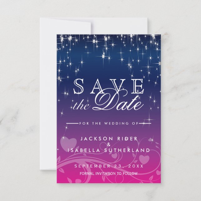 Save The Date Étoiles en bleu foncé et rose - Enregistrer la dat (Devant)